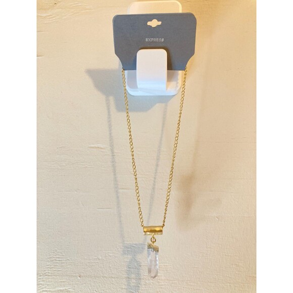 EXPRESS Worn Gold Tone Cloudy Imperfect Translucent Crystal Pendant 16" NEW - Picture 8 of 10